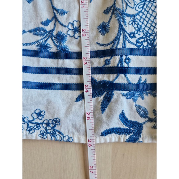 Anna Sui embroidered Floral Blue and Cream v neck puff sleeve blouse XL - Picture 12 of 12